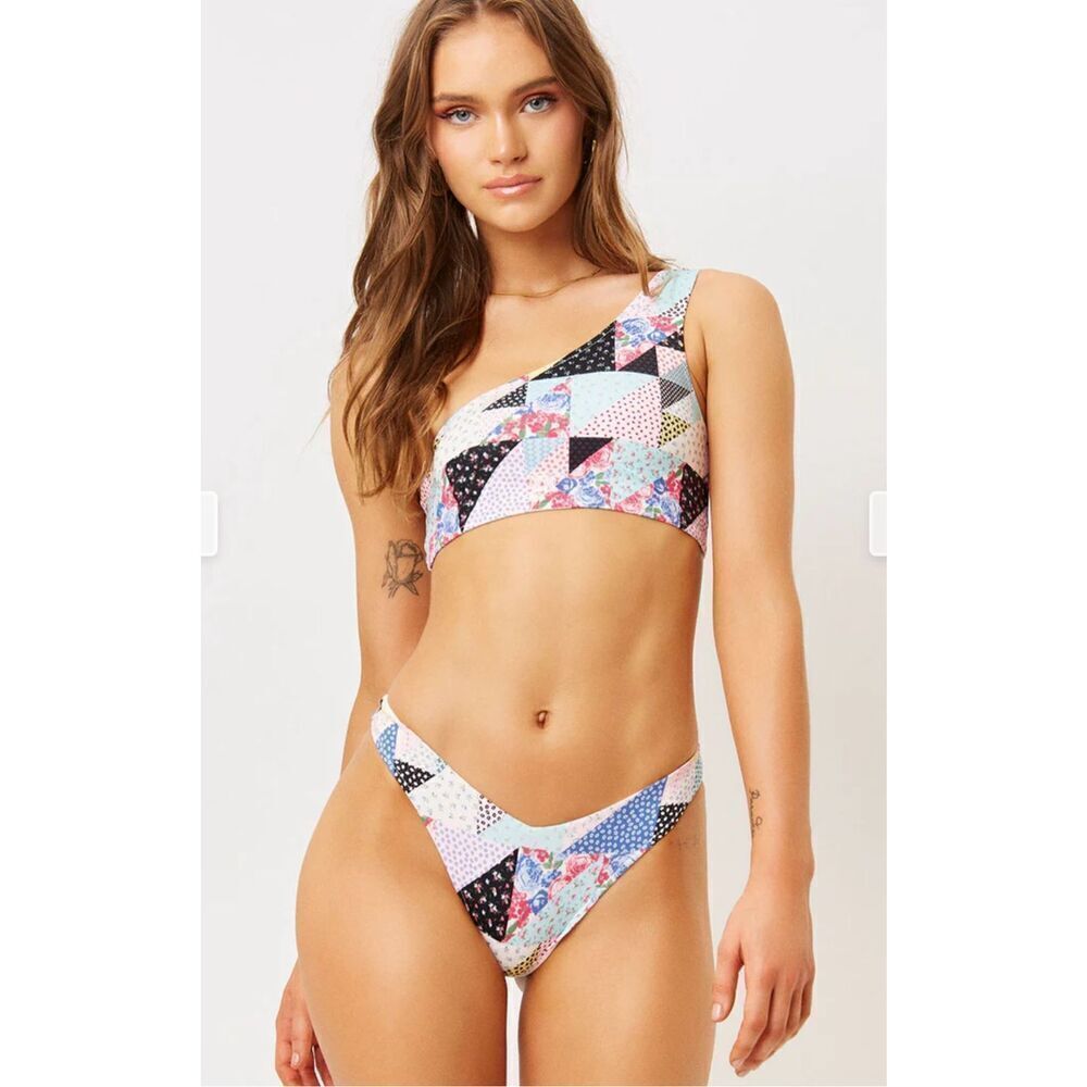NWT Frankies Bikinis Barb One Shoulder Bikini Top in Patchwork Multi Pattern S